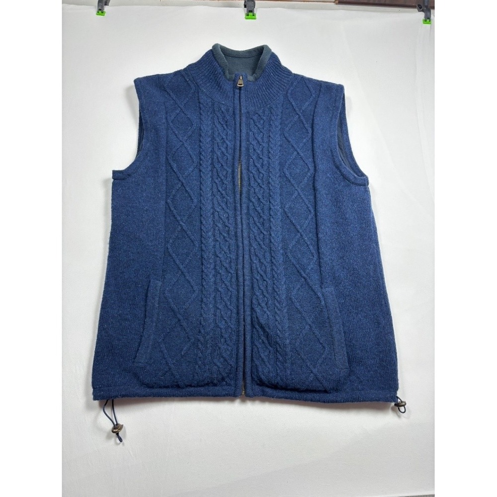 Vintage Aran Woollen Mills Men's Blue Cable Knit Wool Zip Vest Sweater L